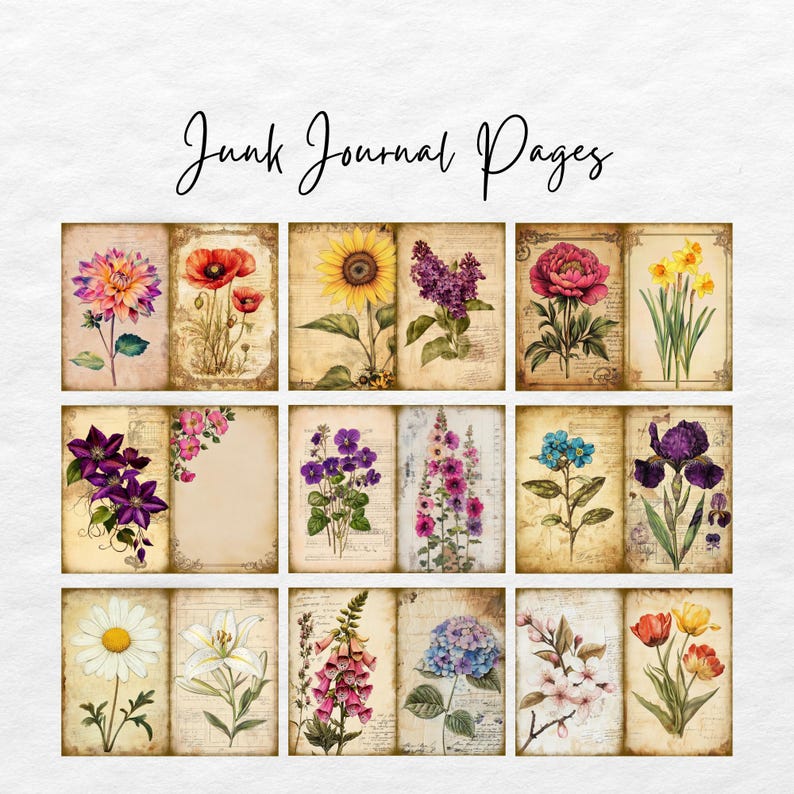 Op de afbeelding: Twaalf vintage-stijl bloemenillustraties op een beige achtergrond. Elke illustratie toont een ander type bloem, waaronder zonnebloemen, lelies, madeliefjes en tulpen. De illustraties zijn perfect voor scrapbooking, kaartmaken of andere knutselprojecten.
