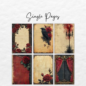 May include: A collection of six vintage-style single pages with a gothic theme. Each page features a unique design with red roses, ornate frames, and a raven. The pages have a distressed, aged appearance, with the words "Single Pages" in script.