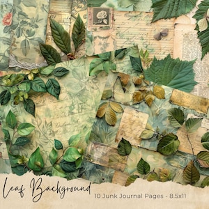 Kit di diario spazzatura foglia verde. Bellissimo diario botanico vintage, carta digitale per scrapbooking, diario da giardino con pagine squallide stampabili grunge