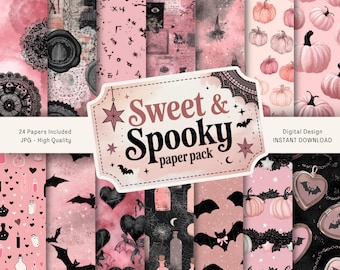 Könnte beinhalten: Eine Sammlung von 24 digitalen Papieren mit einem süßen und gruseligen Thema. Die Papiere zeigen rosa und schwarze Muster, darunter Kürbisse, Fledermäuse, Herzen und Zaubertränke. Der Text "Sweet & Spooky paper pack" ist auf einem Etikett zu sehen.