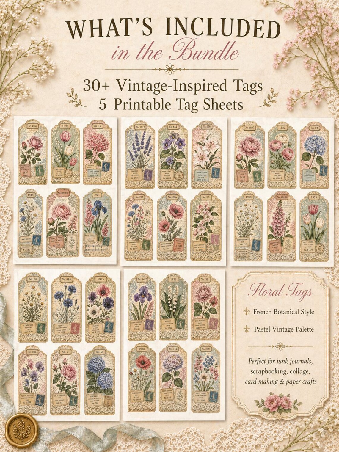 Vintage Floral Tags Ephemera Bundle, Printable Junk Journal Tags ...