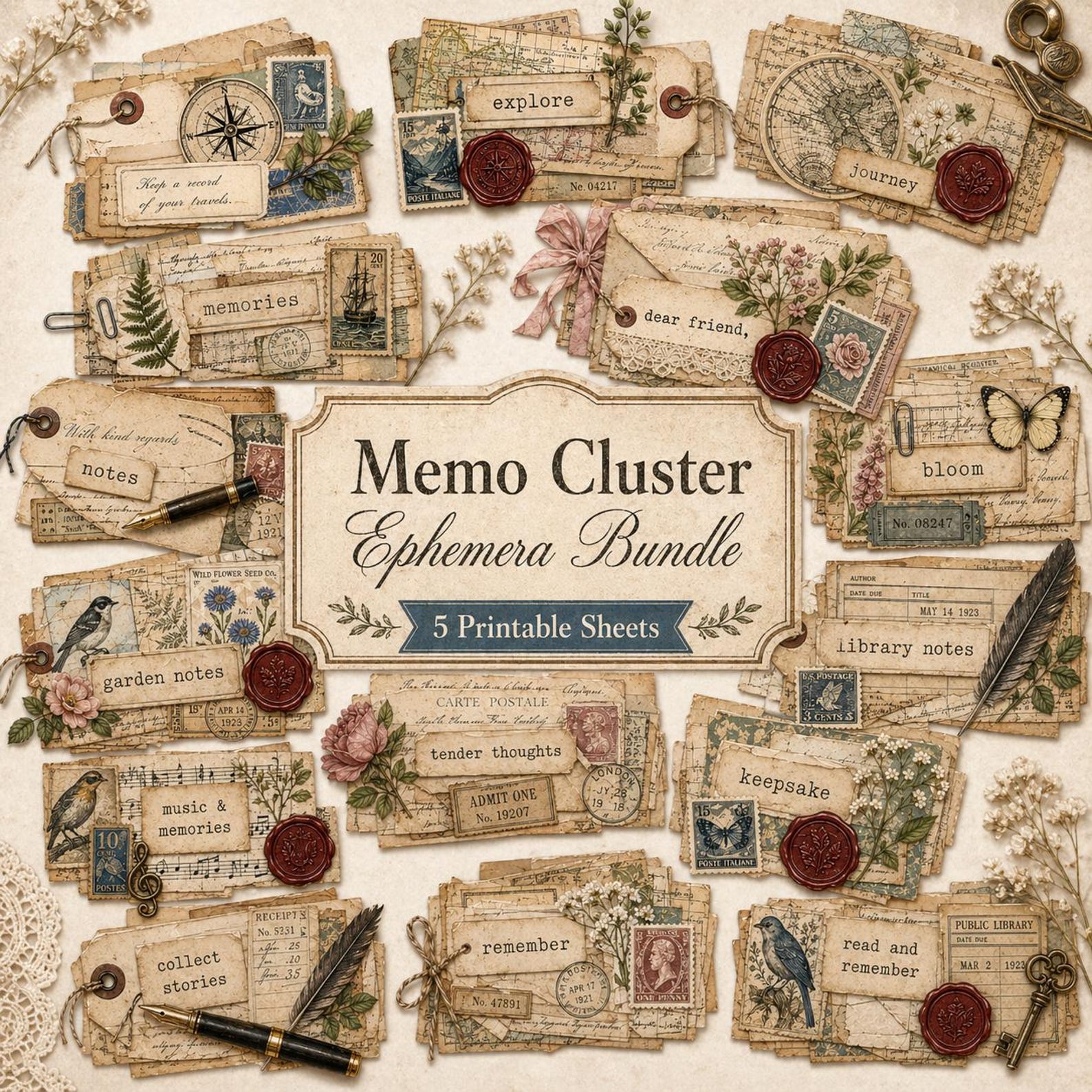 Memo Cluster Ephemera Bundle, Printable Junk Journal Clusters, Vintage ...