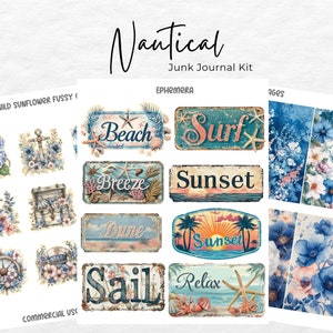 May include: A set of digital scrapbook paper and ephemera with a nautical theme. The ephemera includes vintage-style signs with text like "Beach", "Surf", "Sunset", "Sail", and "Relax". The paper features blue and white floral patterns.