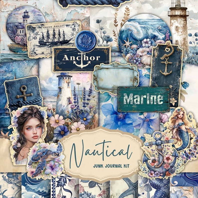 May include: A nautical themed junk journal kit with a variety of paper, embellishments, and ephemera. The kit includes images of lighthouses, anchors, seashells, mermaids, and other nautical elements. The kit is perfect for creating a unique and personalized journal.