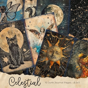 Celestial Moon Junk-dagboekpagina's, digitale plakboekkit, vintage nachtelijke hemel, ephemera, afdrukbare astronomie, collageblad mystieke ster