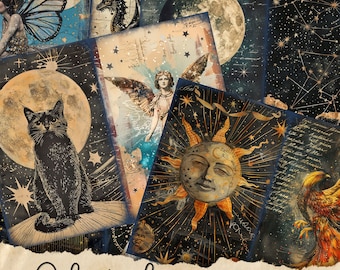 Celestial Moon Junk Journal Pages, Digital Scrapbook Paper Kit, Vintage Night Sky Ephemera, Astronomy Printable, Mystical Star Collage Sheet
