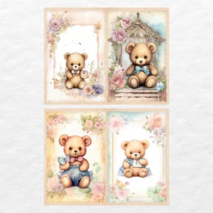 May include: Four digital printable images featuring teddy bears with floral accents. Each image features a different teddy bear with a different floral arrangement. The teddy bears are wearing bows and holding small items. The images are perfect for scrapbooking, card making, or other craft projects.