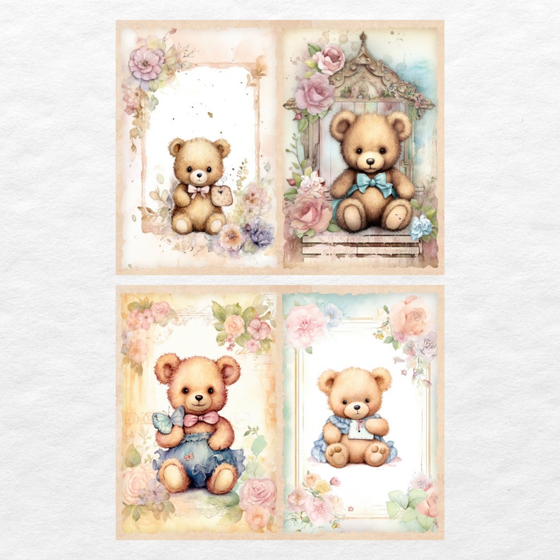 May include: Four digital printable images featuring teddy bears with floral accents. Each image features a different teddy bear with a different floral arrangement. The teddy bears are wearing bows and holding small items. The images are perfect for scrapbooking, card making, or other craft projects.