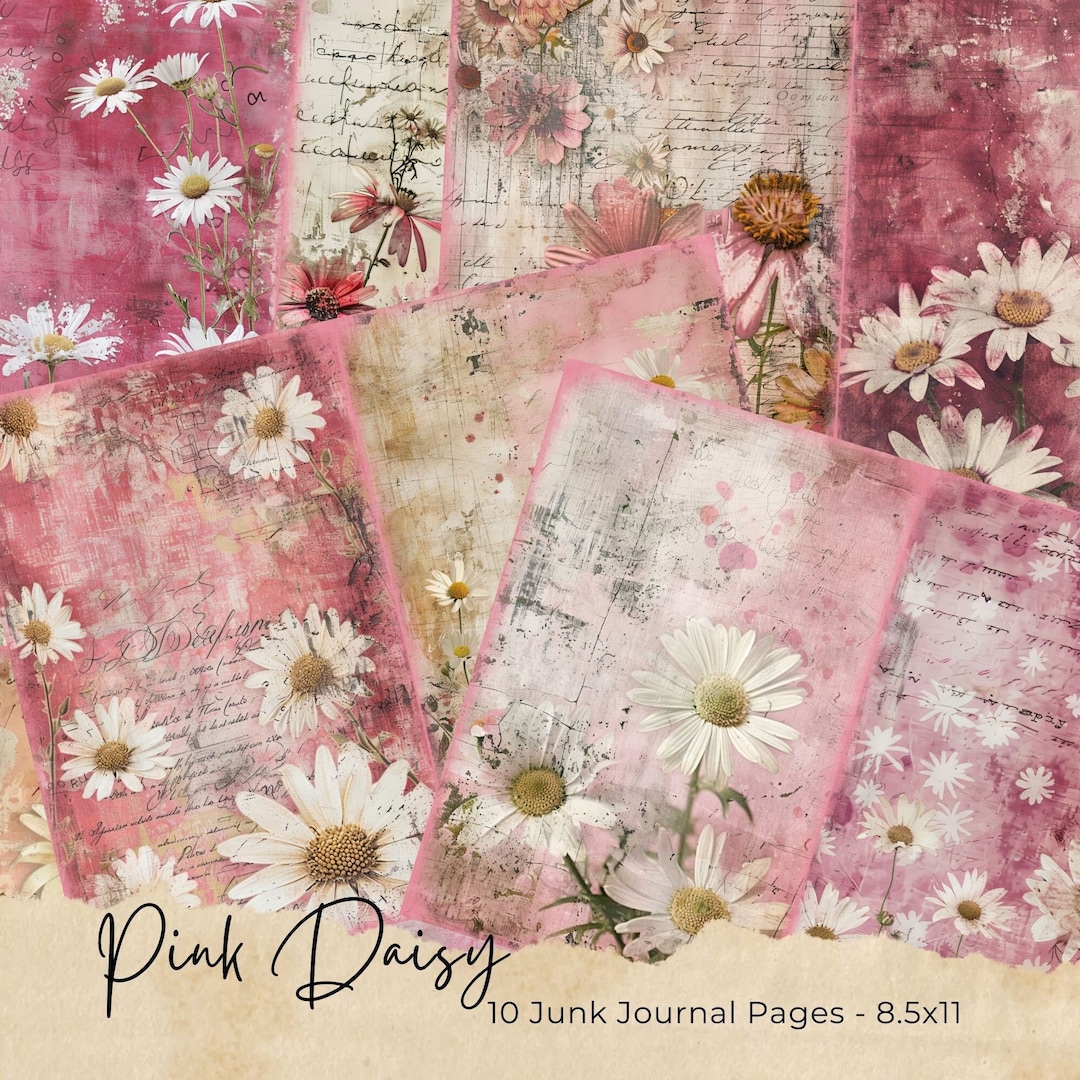Pink Daisy Junk Journal Pages, Digital Scrapbook Paper Kit, Floral ...