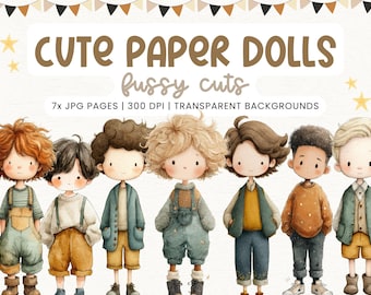 WHIMSICAL PAPER DOLLS and Sceneries printable kit junk journal cut off | Dolls journaling supplies Collage | fussy cut doll digital