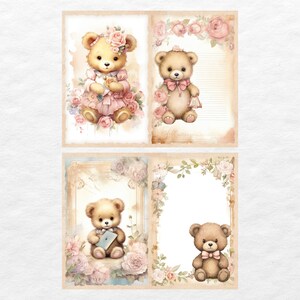 May include: Four printable digital papers featuring teddy bears with floral accents. Each paper has a different design with a teddy bear in a different pose. The papers are perfect for scrapbooking, card making, and other craft projects.