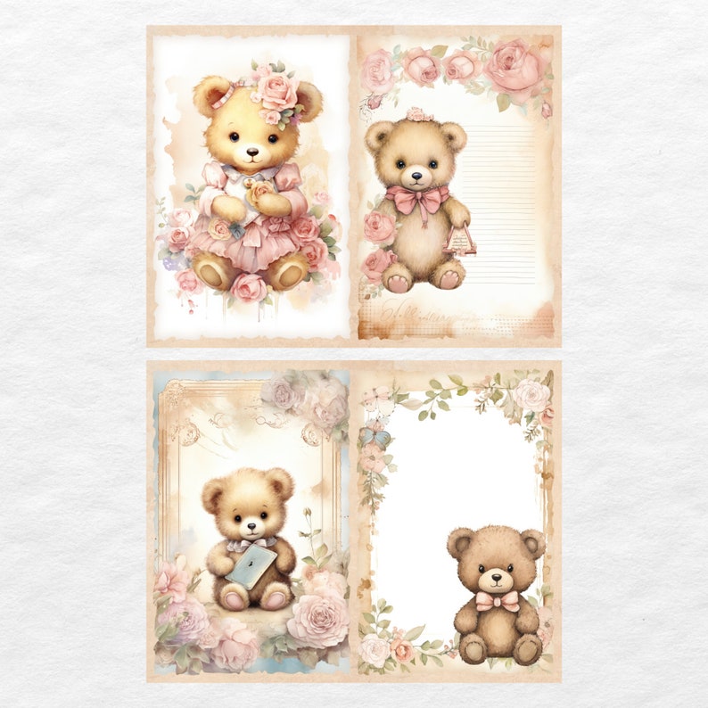 May include: Four printable digital papers featuring teddy bears with floral accents. Each paper has a different design with a teddy bear in a different pose. The papers are perfect for scrapbooking, card making, and other craft projects.
