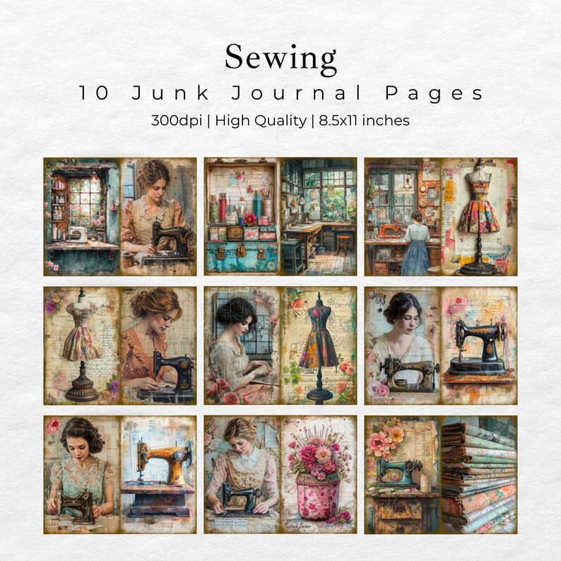 Vintage Sewing Junk Journal Pages, Digital Scrapbook Paper Kit ...