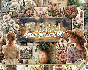 May include: A digital junk journal kit with over 80 floral elements. The kit includes a variety of images, including flowers, birds, and vintage-style illustrations. The kit is perfect for creating unique and personalized journals.