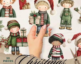 WHIMSICAL Christmas PAPER DOLLS printable kit junk journal cut off | Dolls journaling supplies Collage | fussy cut doll digital