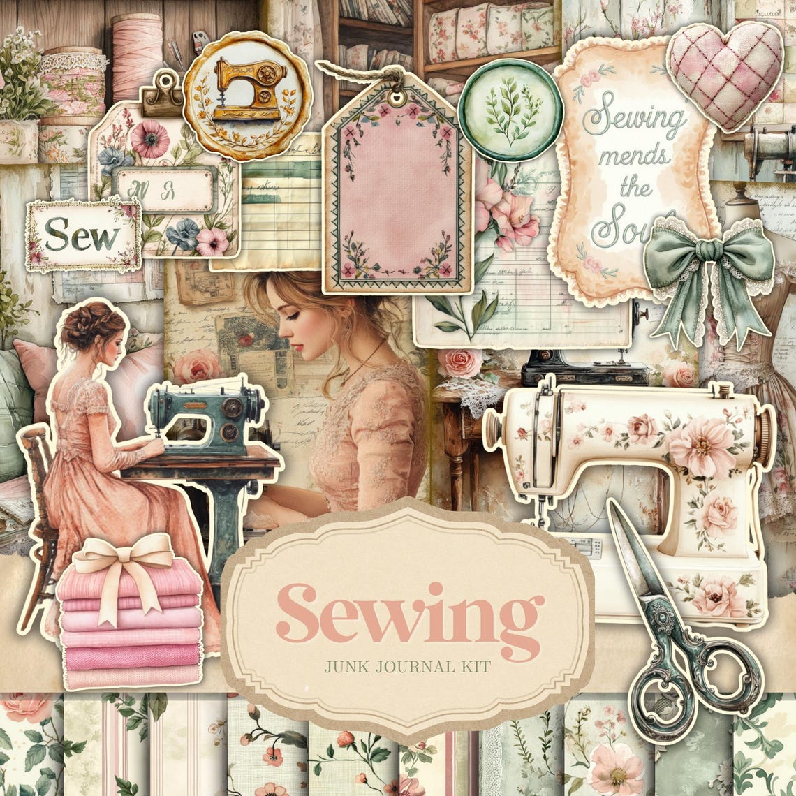Sewing Junk Journal Kit - Digital Scrapbook Paper Kit - Vintage Sewing ...