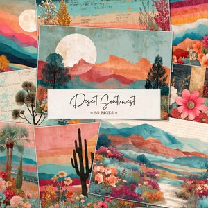 May include: A selection of digital art prints with a desert southwest theme. The prints showcase watercolour illustrations of desert landscapes, including mountains, cacti, and flowers. The text "Desert Southwest - 50 Pages" is displayed on one of the prints.