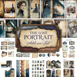 Lost Portrait Junk Journal Add-On Kit, afdrukbare JPG-pagina's met ephemera, tags, bladwijzer, Dark Academia, oud boek digitaal papier