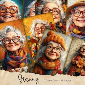 Skurrile Old Lady Junk Journal Seiten - lustige, schrullige Designs für Scrapbooking - Digitaler Download, Hippie Old Lady Junk Journal Seiten