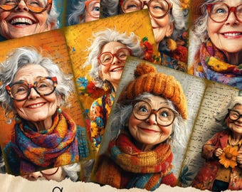 Skurrile Old Lady Junk Journal Seiten - lustige, schrullige Designs für Scrapbooking - Digitaler Download, Hippie Old Lady Junk Journal Seiten