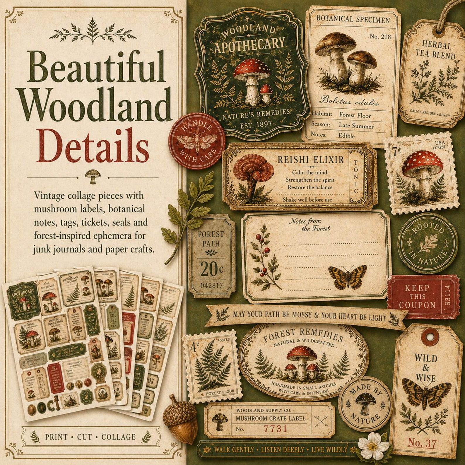 Woodland Apothecary Ephemera Pack, Printable Junk Journal Kit, Mushroom ...