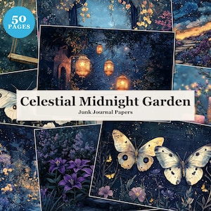 Puede incluir: Una colección de papeles de diario basura "Celestial Midnight Garden". La imagen presenta un collage de ilustraciones con una estética oscura y soñadora. Las ilustraciones incluyen mariposas, flores, faroles y un columpio. El texto "Celestial Midnight Garden" y "50 Pages" son visibles.