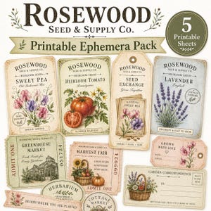 Puede incluir: Una colección de hojas de efemérides imprimibles de Rosewood Seed & Supply Co. de estilo vintage, con ilustraciones botánicas de guisantes de olor, tomates y lavanda. Incluye etiquetas, boletos y rótulos con texto como "Greenhouse Market".