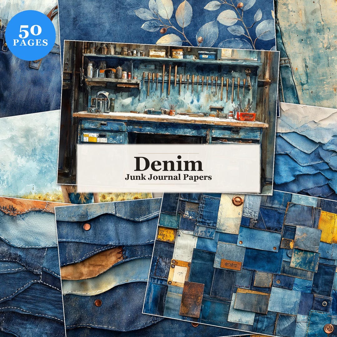 50 Denim Junk Journal Pages, Blue Jean Printable Papers, Rustic Fabric ...