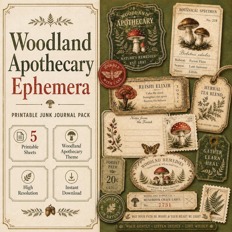 Woodland Apothecary Ephemera Pack, Printable Junk Journal Kit, Mushroom ...