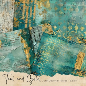 Kit de arte Teal and Gold Mixed Media Junk Journal, papéis digitais, páginas de diário imprimíveis, papéis de diário Teal e dourado, criação de cartões