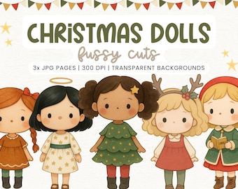 Whimsical Christmas Paper Dolls and Sceneries printable kit junk journal cut off | Dolls journaling supplies Collage | fussy cut doll