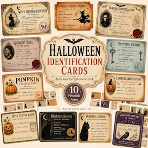 May include: A collection of ten vintage-style Halloween identification cards and ephemera featuring various designs including a witch identification card, night flight permit, vampire identification, and pumpkin festival pass with decorative text.