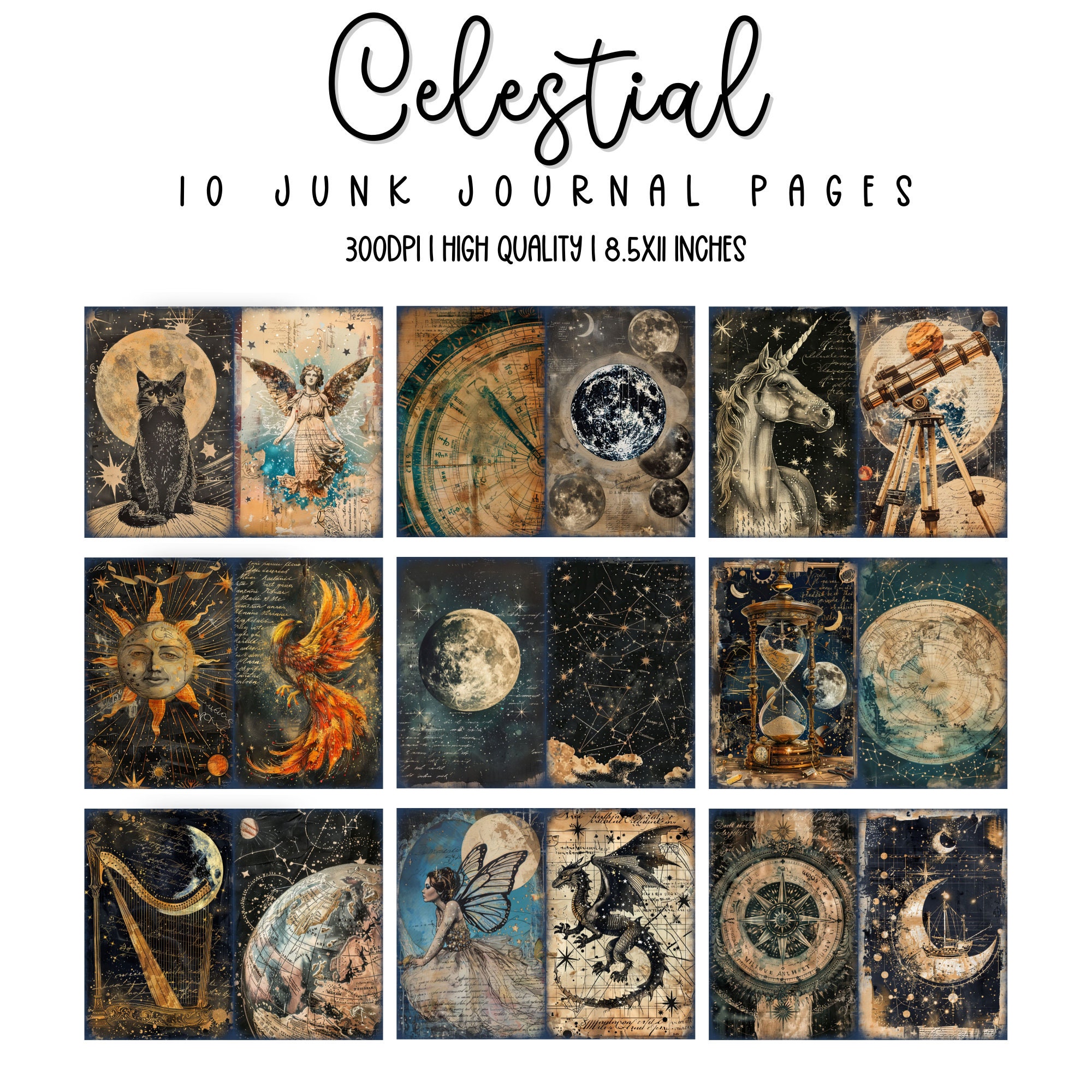 Celestial Moon Junk Journal Pages, Digital Scrapbook Paper Kit, Vintage ...