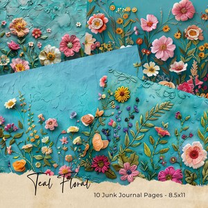 Turquoise Floral Fantasy Junk Journal Pages - Digital Download, Artistic Flower Collage Sheets for Creative Journaling