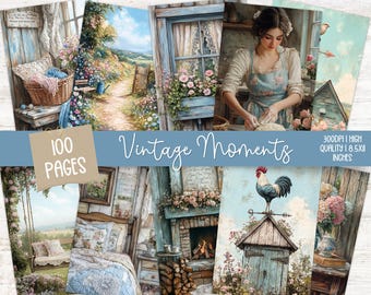May include: A collage of 100 vintage-style images, featuring scenes of a country cottage, a woman baking, a rooster on a weathervane, and a garden path. The images are in a soft blue and white color palette and have a rustic, charming feel.  The text "Vintage Moments" is displayed across the top of the collage.