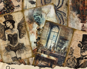 Steampunk Junk Journal Pages, Digital Industrial Paper, Victorian Printable, Digi Collage Sheet, Mechanical Scrapbook Kit, Vintage Ephemera