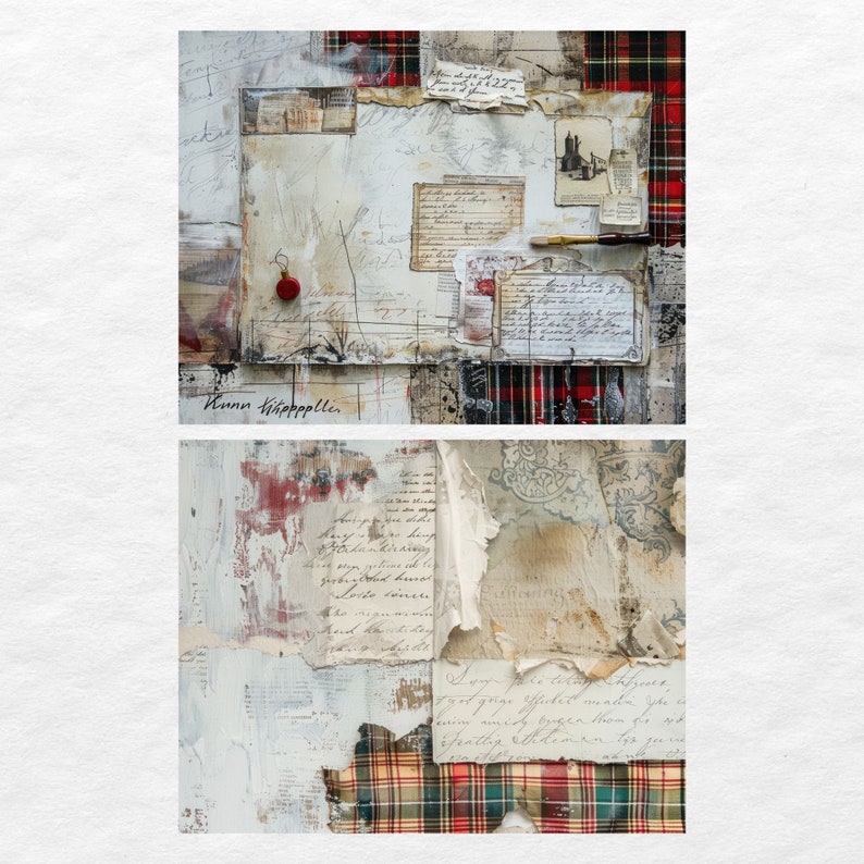 May include: A collage of vintage papers and fabrics with a red and black plaid pattern. The papers have handwritten text and are layered on top of each other. The collage is framed by a white border.