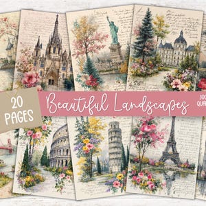 Aquarel landschap junk journal kit, vintage afdrukbare ephemera, boom natuur wandelen plakboek collageblad, achtergrond mixed media