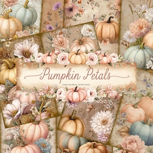 Pumpkin Petals Junk Journal Kit – Pastel Autumn Printable Papers – Peach Pumpkins & Florals – Fall Junk Journal Paper Pack