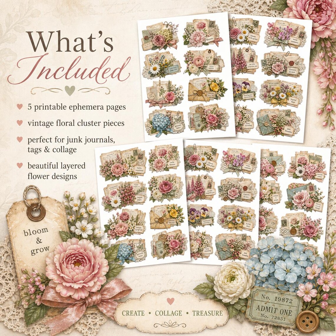 Flower Cluster Ephemera Bundle, Printable Floral Junk Journal Clusters ...