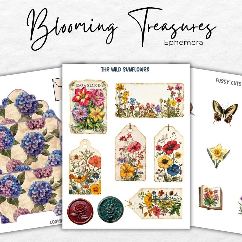 Op de afbeelding: Een set met printbare digitale scrapbookpapier met bloemenmotief en gedetailleerde uitsnijdingen. Het papier bevat een verscheidenheid aan bloemenontwerpen, waaronder hortensia's, zonnebloemen en andere wilde bloemen. De gedetailleerde uitsnijdingen omvatten een vlinder, een narcis en een boek.