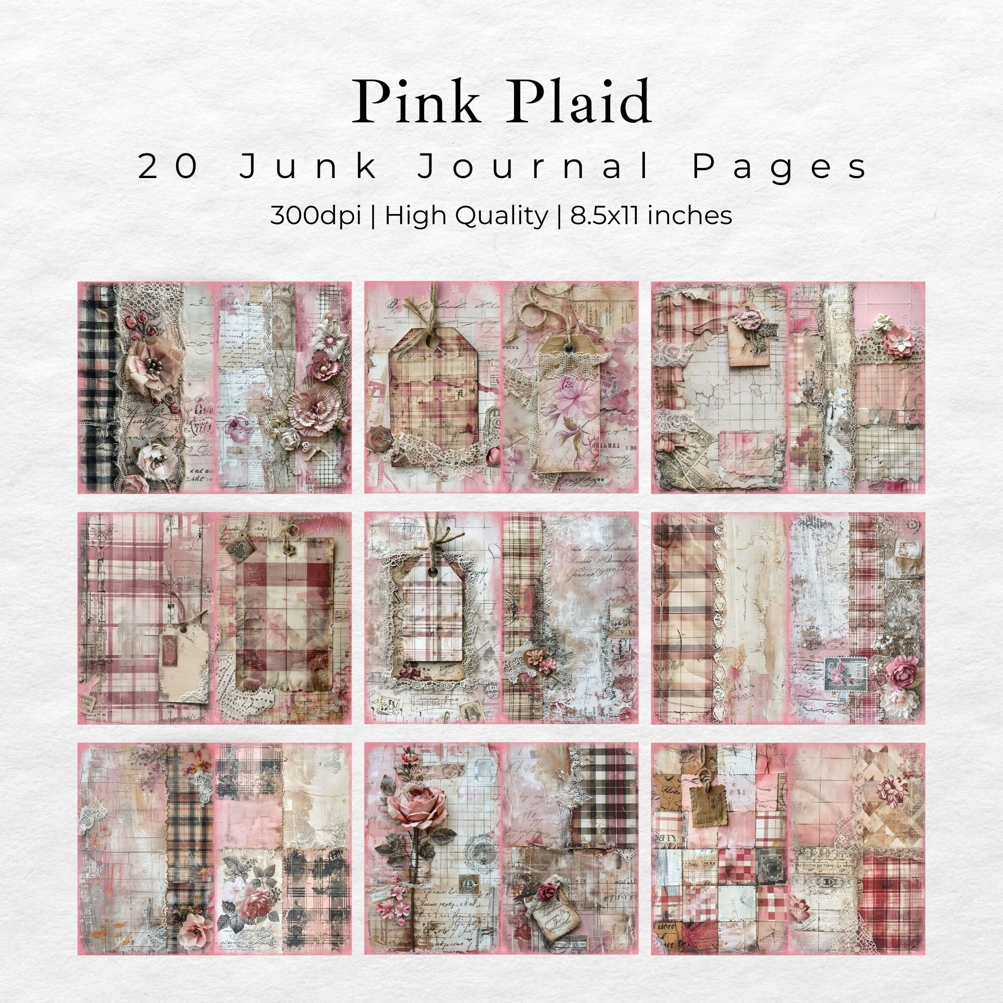 Pink Plaid Junk Journal Pages, Digital Papers, Printable Journal Pages ...