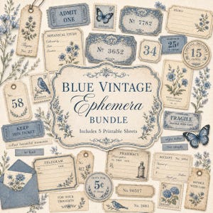 May include: A collection of blue and beige vintage ephemera, including tags, tickets, stamps, and labels. The items feature floral and butterfly illustrations, with text such as "Blue Vintage Ephemera Bundle" and various numbers and phrases.