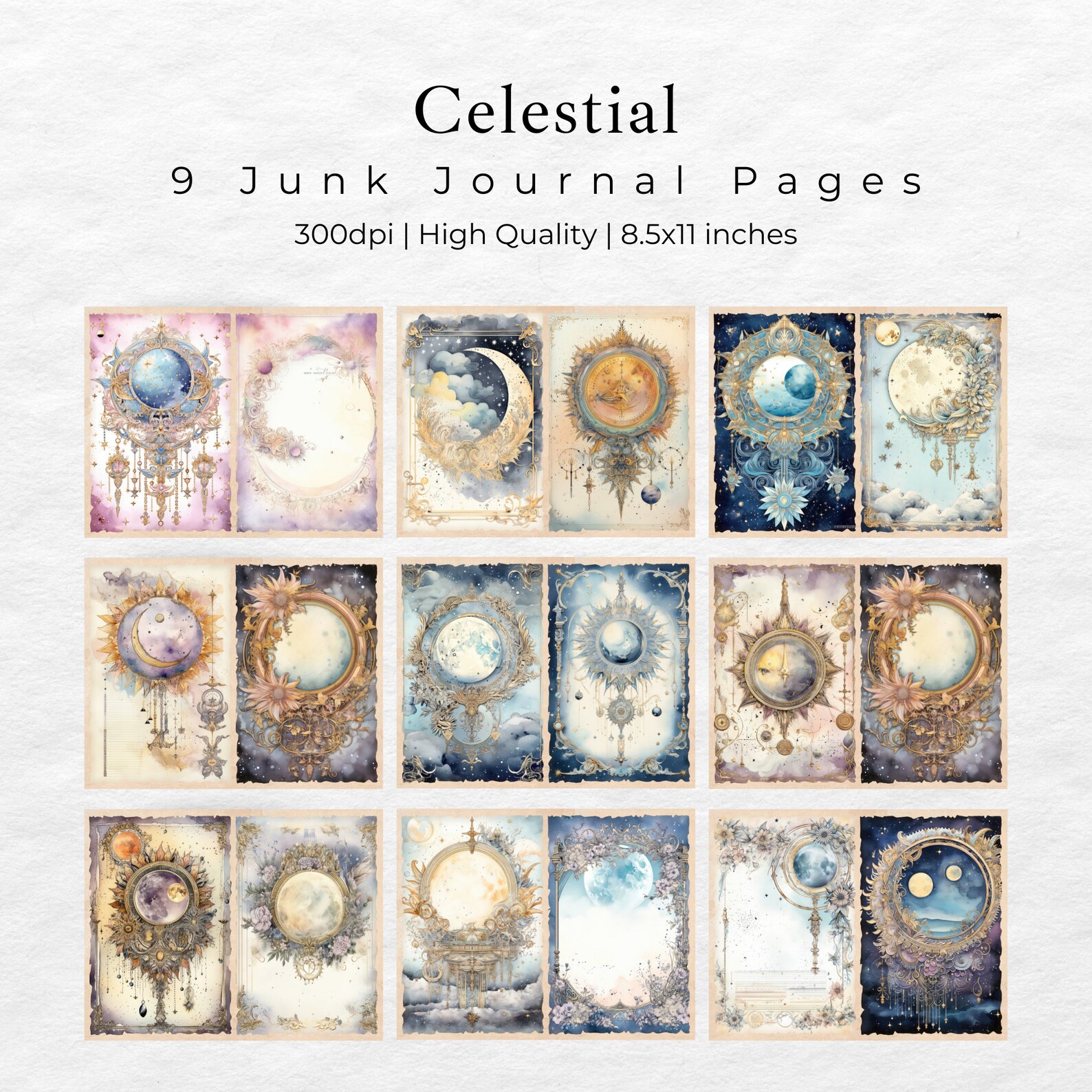 Celestial Moon Junk Journal Pages, Digital Scrapbook Paper Kit, Vintage ...