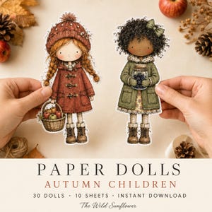 May include: Two paper dolls titled Paper Dolls Autumn Children. One doll has red hair, a red knit hat, and a red coat, holding a basket of apples. The other doll has dark curly hair with a green bow, wearing a green coat, holding a jar of blackberries.