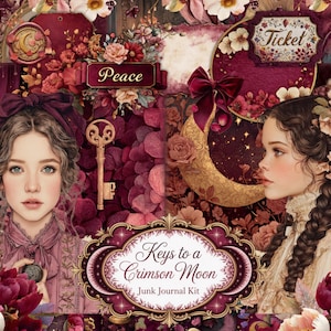 Op de afbeelding: Een digitale collage met twee vrouwen, bloemen, sleutels en een maan. De tekst bevat "Peace", "Ticket" en "Keys to a Crimson Moon". Het kleurenpalet wordt gedomineerd door bordeauxrood, goud en crème.
