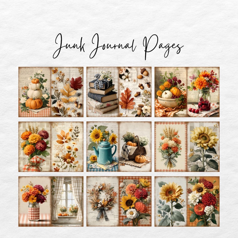 Digital Junk Journal Kit Fall Gingham Floral, Autumn Printable Ephemera ...