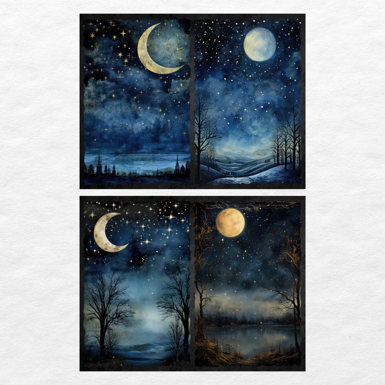 May include: A set of four digital art prints featuring a dark blue night sky with stars and a crescent moon. Each print depicts a different moon phase and a different landscape.