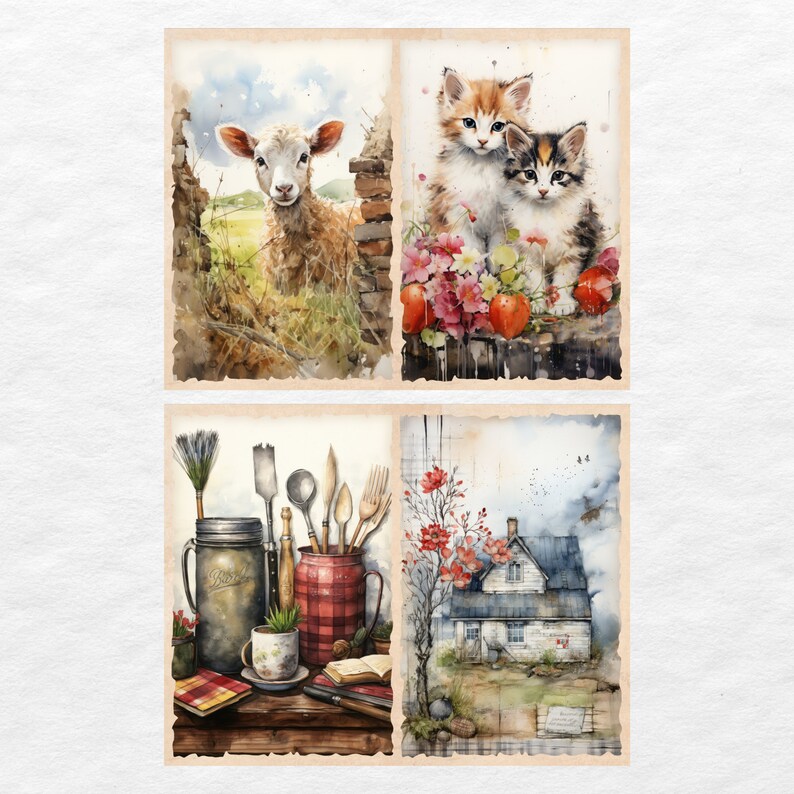 May include: A collage of four watercolor paintings. The top left image shows a white lamb standing in a field. The top right image shows two kittens sitting on a branch with red flowers and fruit. The bottom left image shows a still life with a mason jar, a red and white checkered container, and various kitchen utensils. The bottom right image shows a watercolor painting of a small house with a red-leafed tree in front of it.