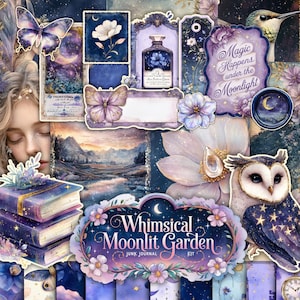 Kit imprimible de diario basura con jardín iluminado por la luna, efímera digital de brujas, papel de álbum de recortes lunar, páginas de fondo gótico, bujo de fantasía de flores celestiales